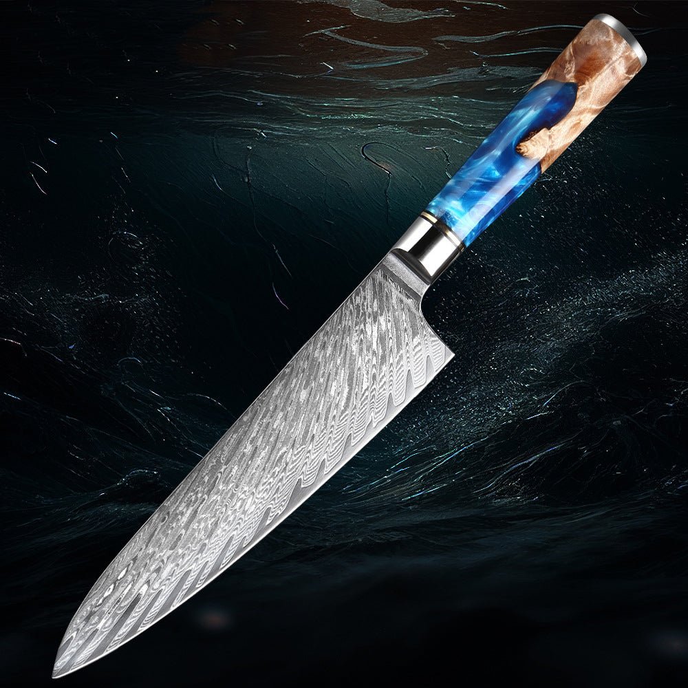 Damascus Steel 8 Chef Knife With Blue Resin Handle 