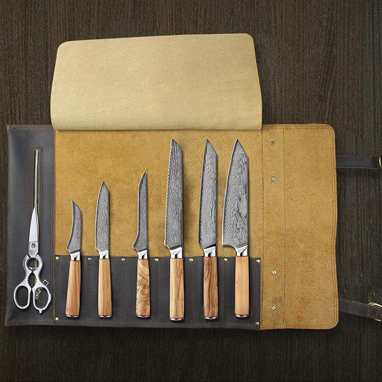 Damacus Steel 7 Pcs Japanese Chef Knives Set Kitchen Knife Set and Leather  Roll Bag 
