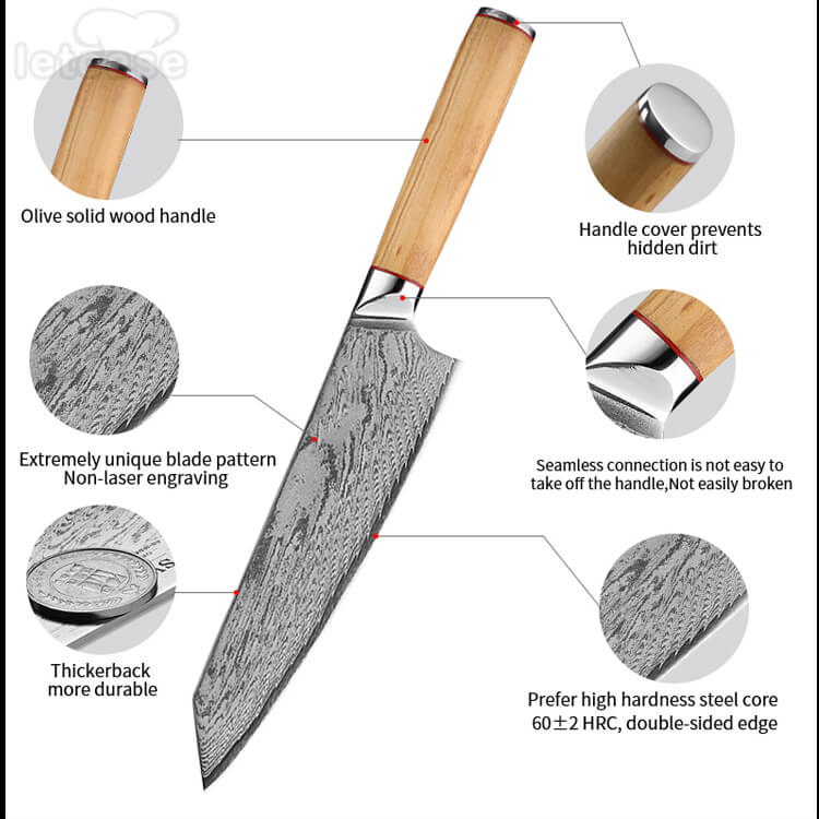 8-Pieces Premium Japanese Kitchen Knife Set Laser Damascus Pattern Chef's  Knife