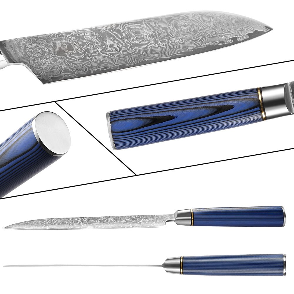SAKUTO (作東) Japanese Damascus Steel Kitchen Knife Set With Blue Handle, Sakuto Knives