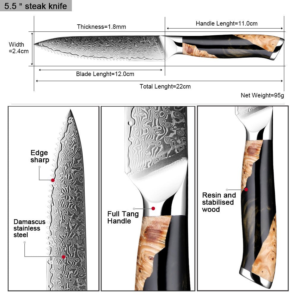 6 - Piece Serrated Damascus Steak Knife Set - Letcase