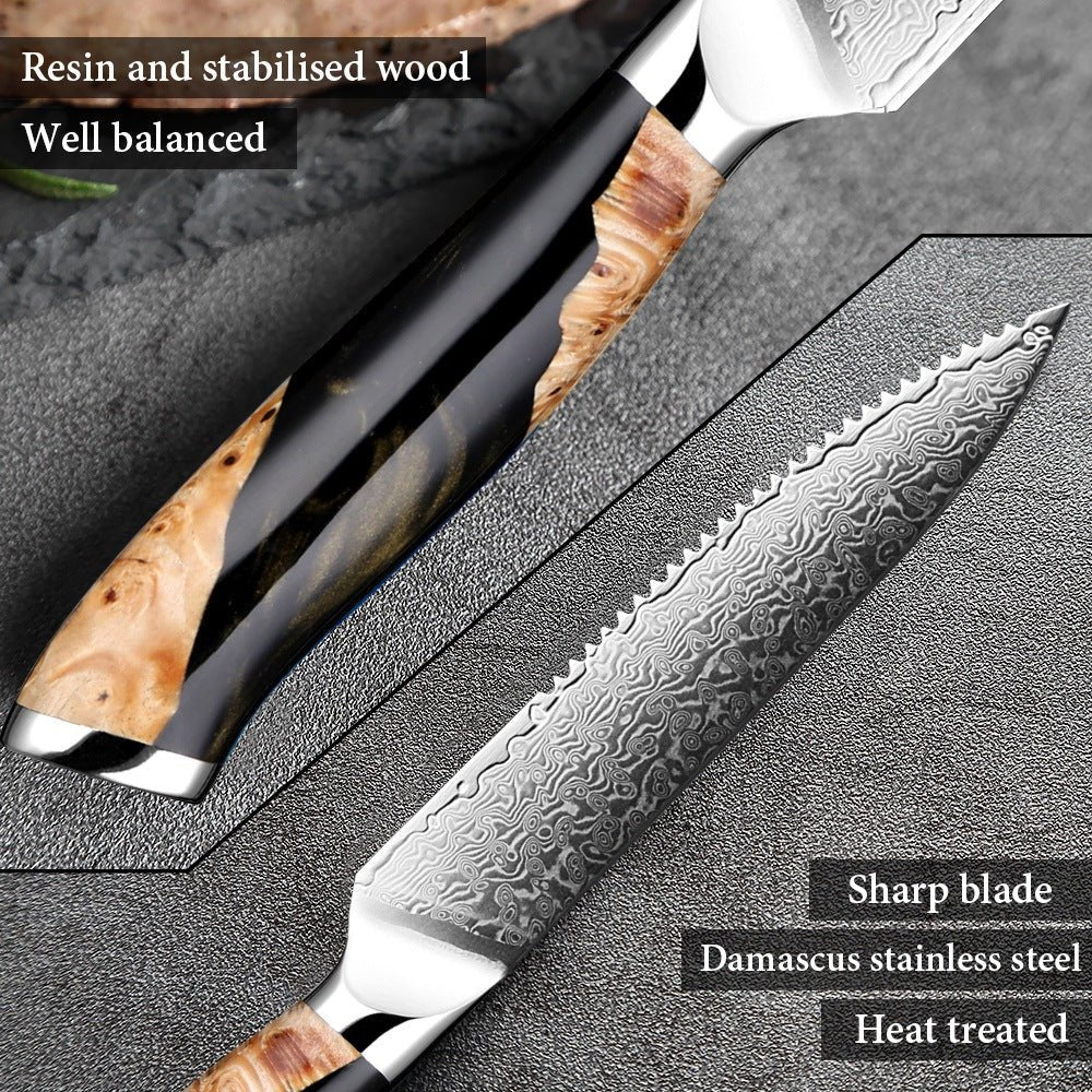 6 - Piece Serrated Damascus Steak Knife Set - Letcase