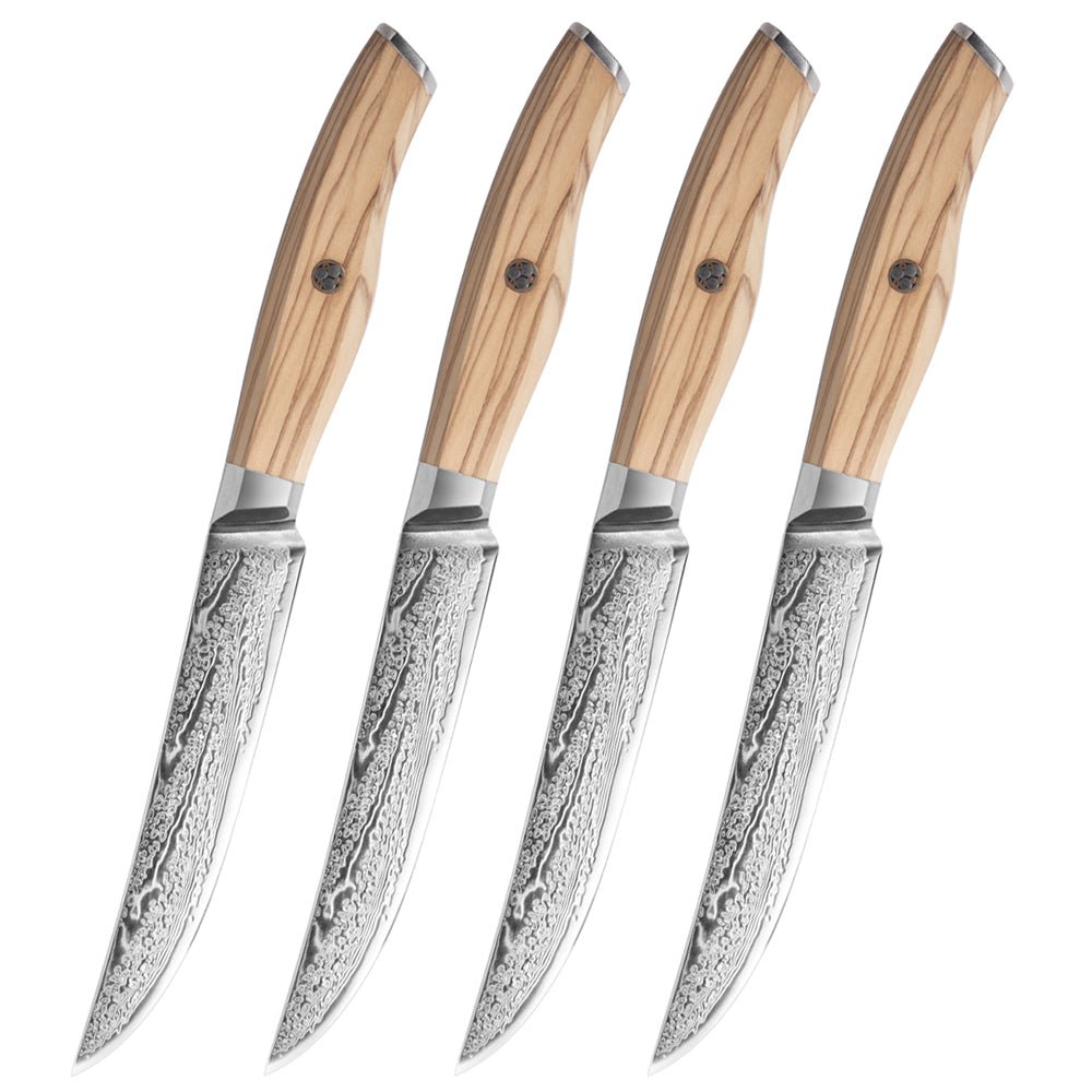 Non Serrated Damascus Steel Steak Knife with Olive Wood Handle - Letcase