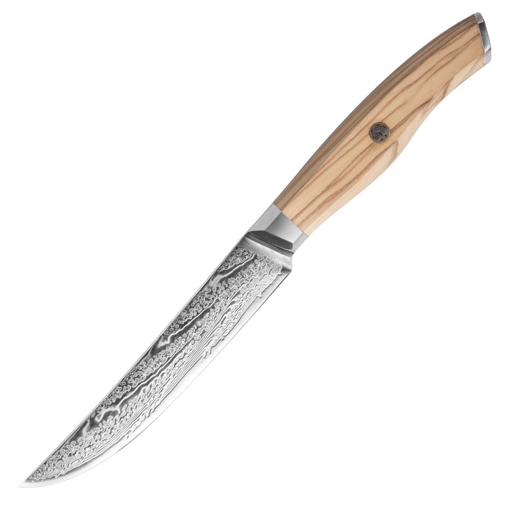 Non Serrated Damascus Steel Steak Knife with Olive Wood Handle - Letcase