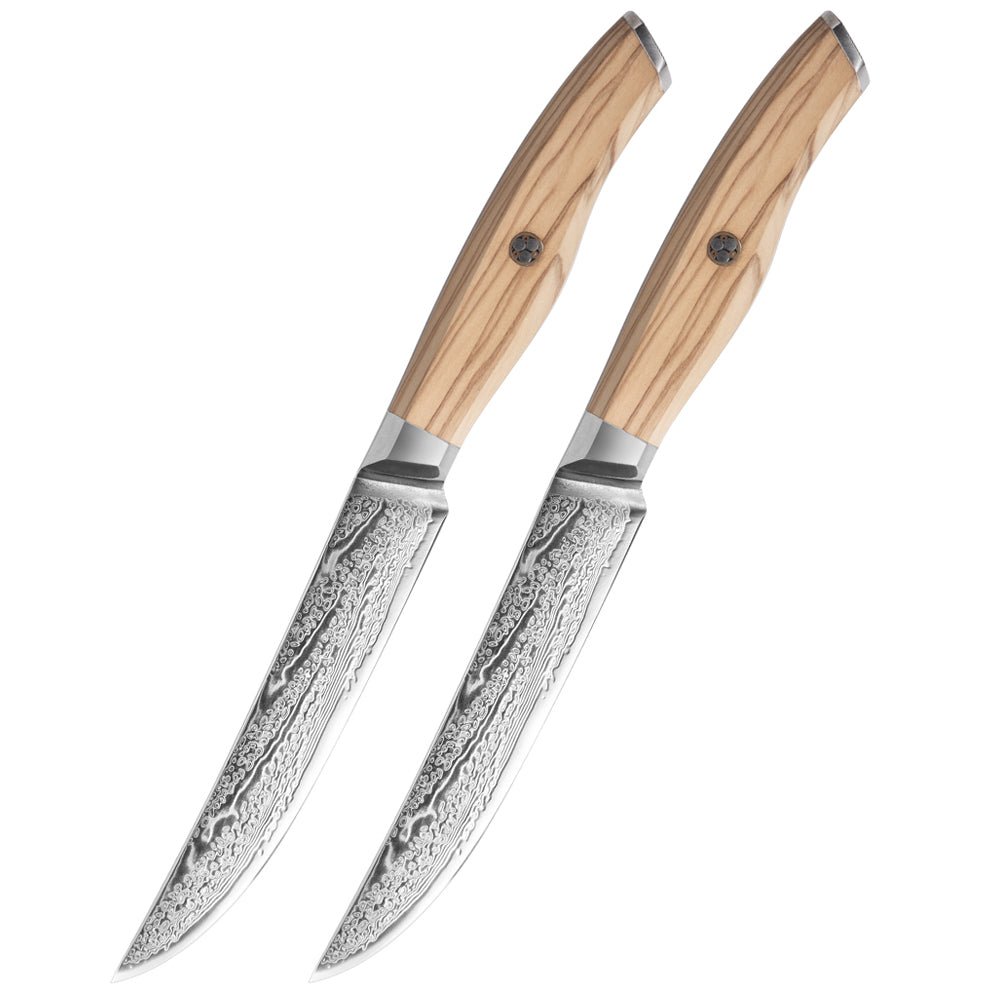 Non Serrated Damascus Steel Steak Knife with Olive Wood Handle - Letcase