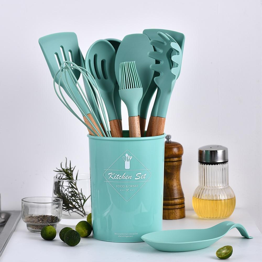 Set di utensili da cucina in silicone Utensili da cucina in legno di acacia  naturale