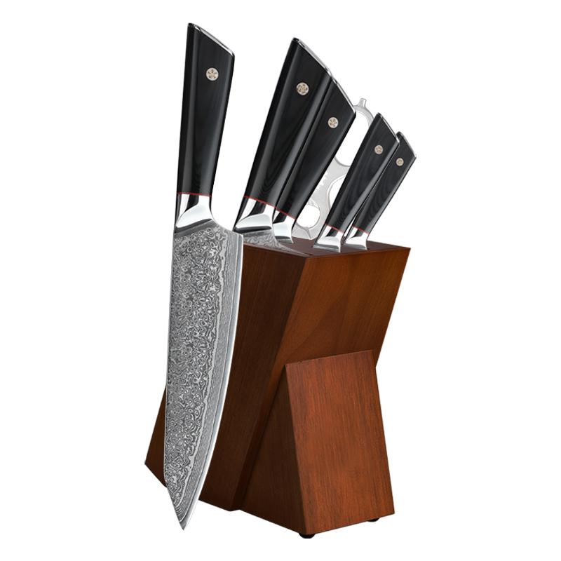 6Pcs Kitchen Knives Set Japanese Damascus Style Stainless Steel Chef Knife+Block