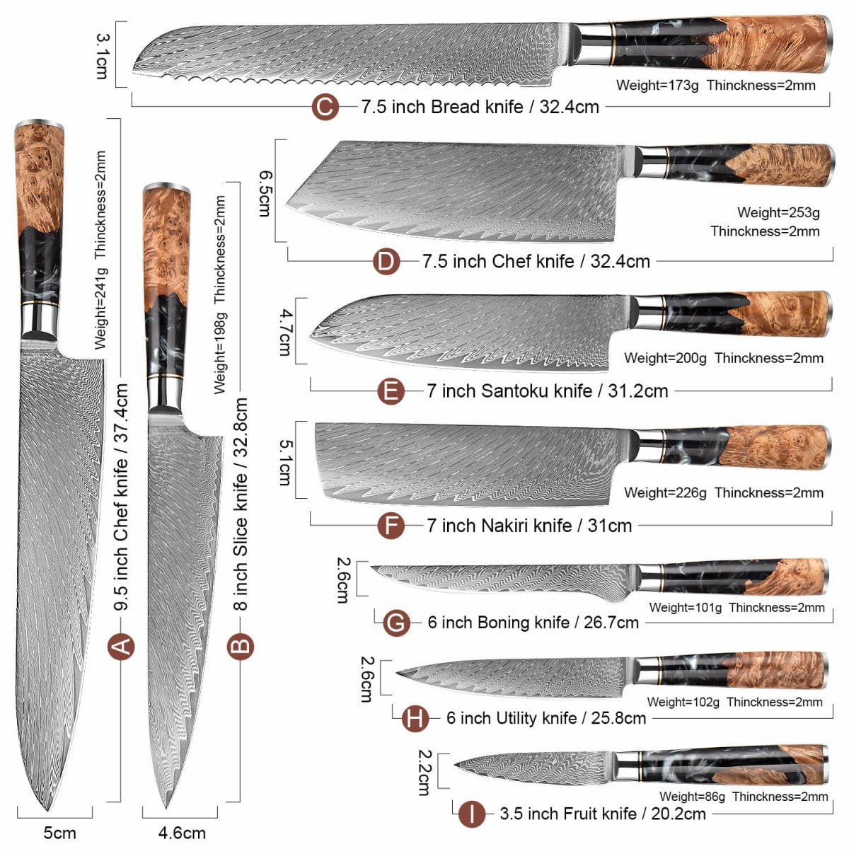 7 Piece Damascus Kitchen Knife Set Ultra-sharp 67 Layer Japanese Chef Knives - Letcase