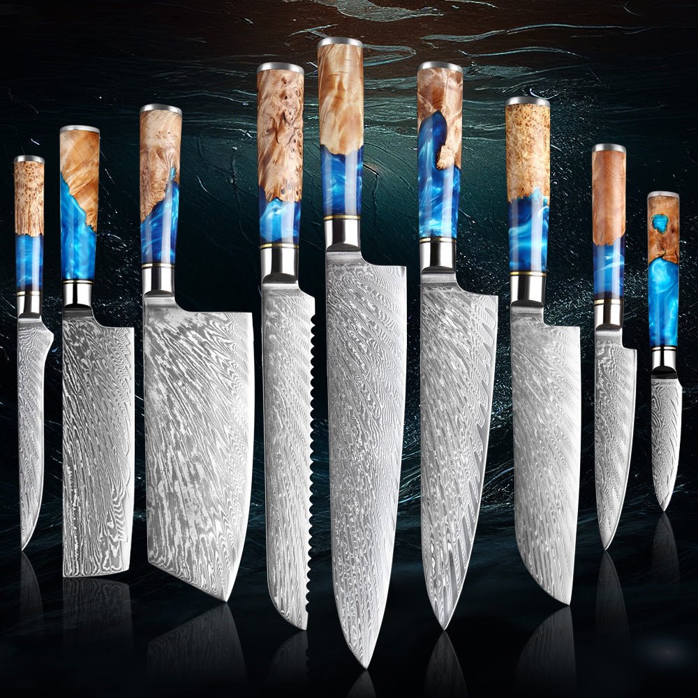 9 Piece Damascus Kitchen Knife Set - Blue Resin Handle - Letcase