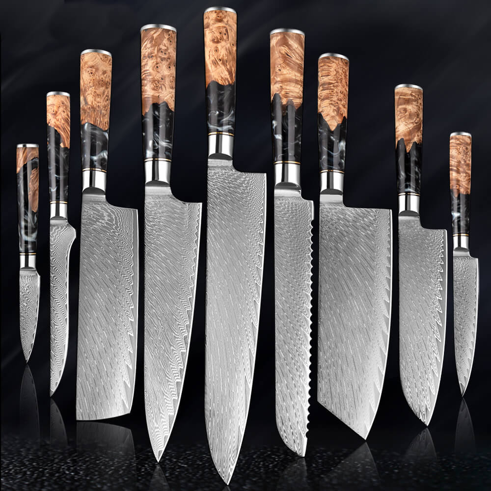 9 Piece Japanese 67 Layer Damascus Steel Chef Knife Set - Letcase