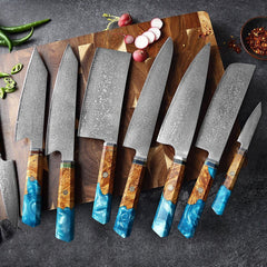 9 Piece Japanese Damascus Kitchen Knife Set - Letcase