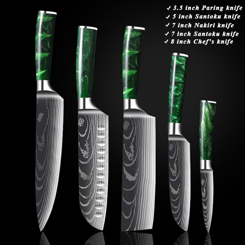 9 Piece Professional Chef Knife Set - Green Resin Wood Handle - Letcase