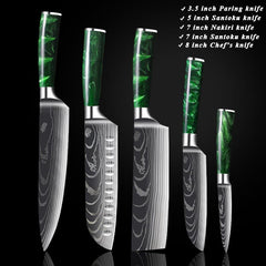 9 Piece Professional Chef Knife Set - Green Resin Wood Handle - Letcase