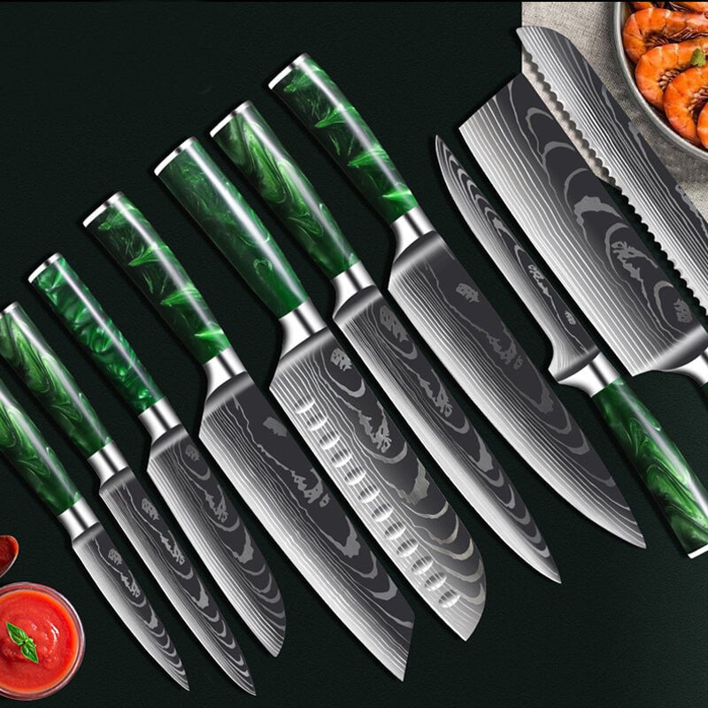 9 Piece Professional Chef Knife Set - Green Resin Wood Handle - Letcase