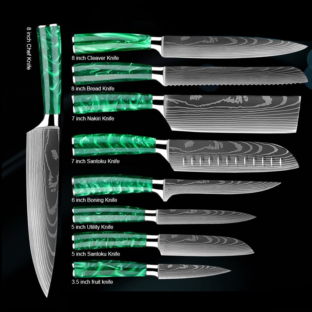 9 Piece Professional Chef Knife Set - Green Resin Wood Handle - Letcase