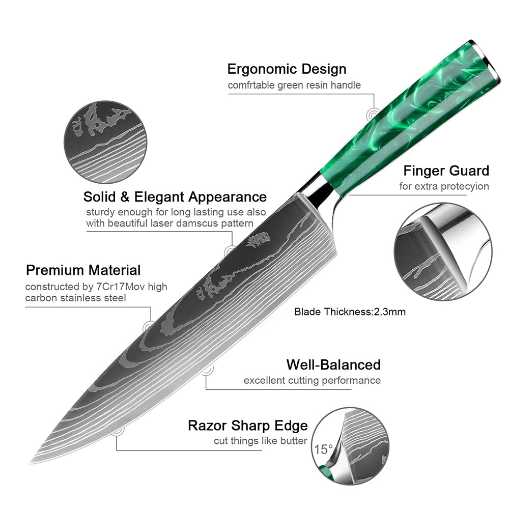 9 Piece Professional Chef Knife Set - Green Resin Wood Handle - Letcase