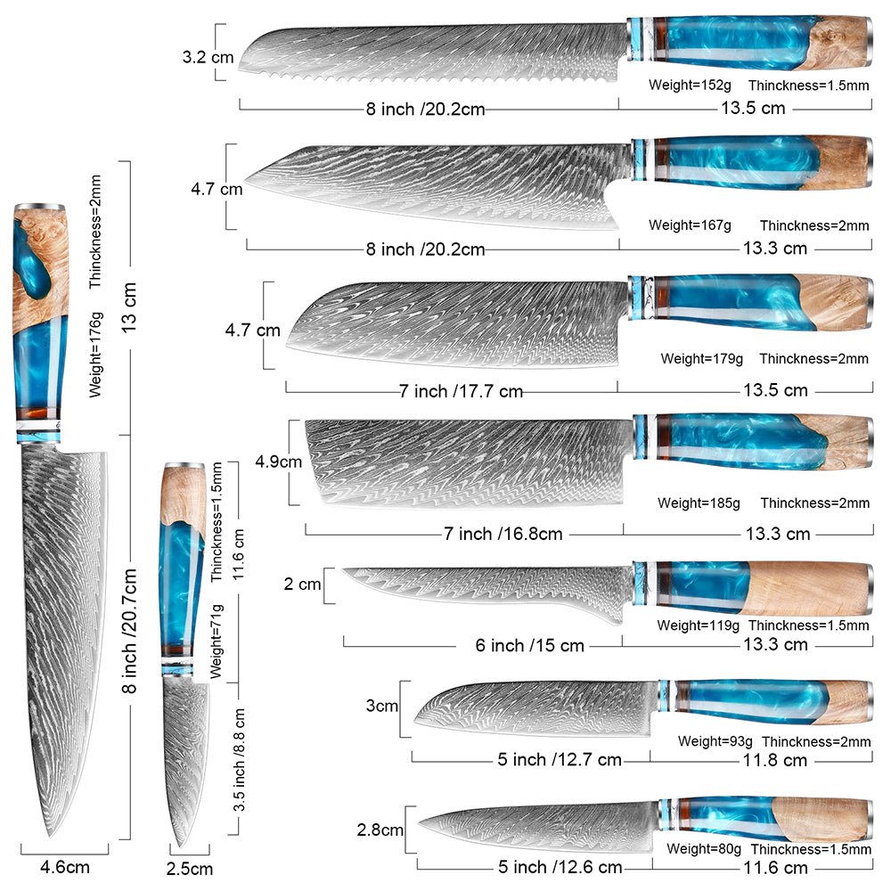 Quality Damascus Print Knives - 9 piece knife set