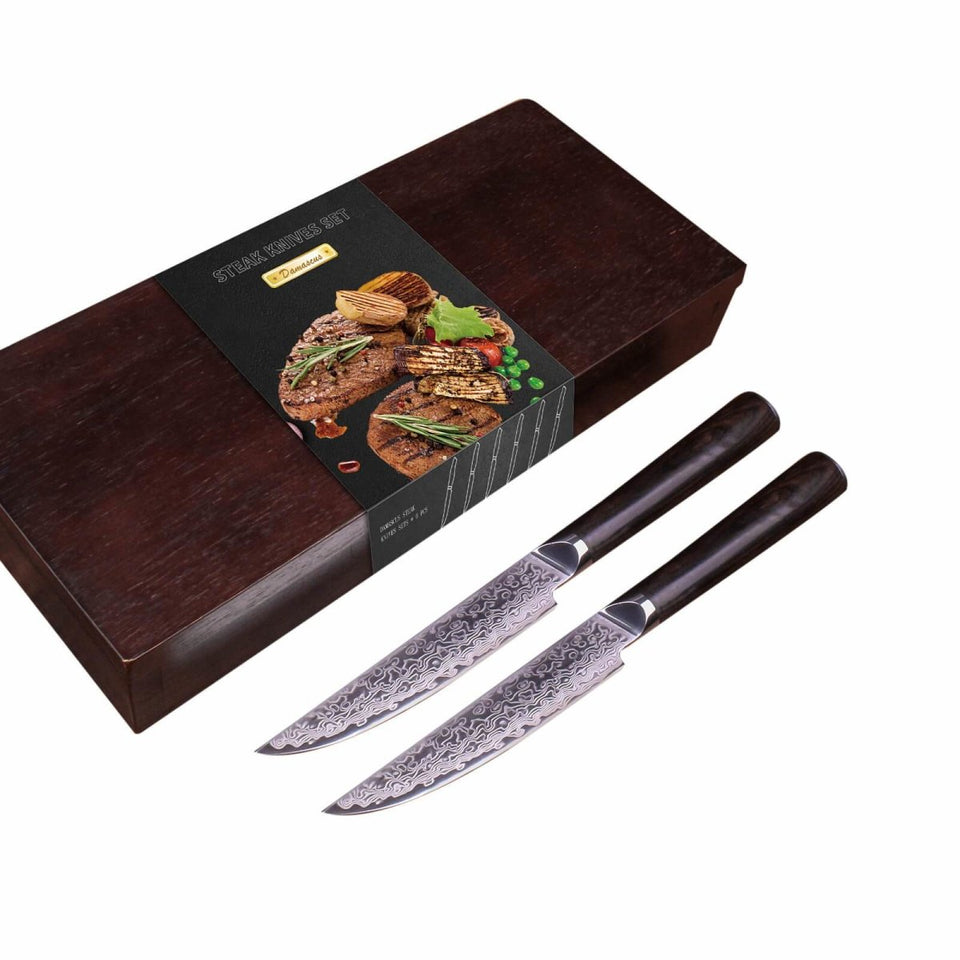 Kyoku Daimyo Series - Damascus Non-Serrated Steak Knives Set of 4 - Japanese VG10 Steel - with Sheath & Case