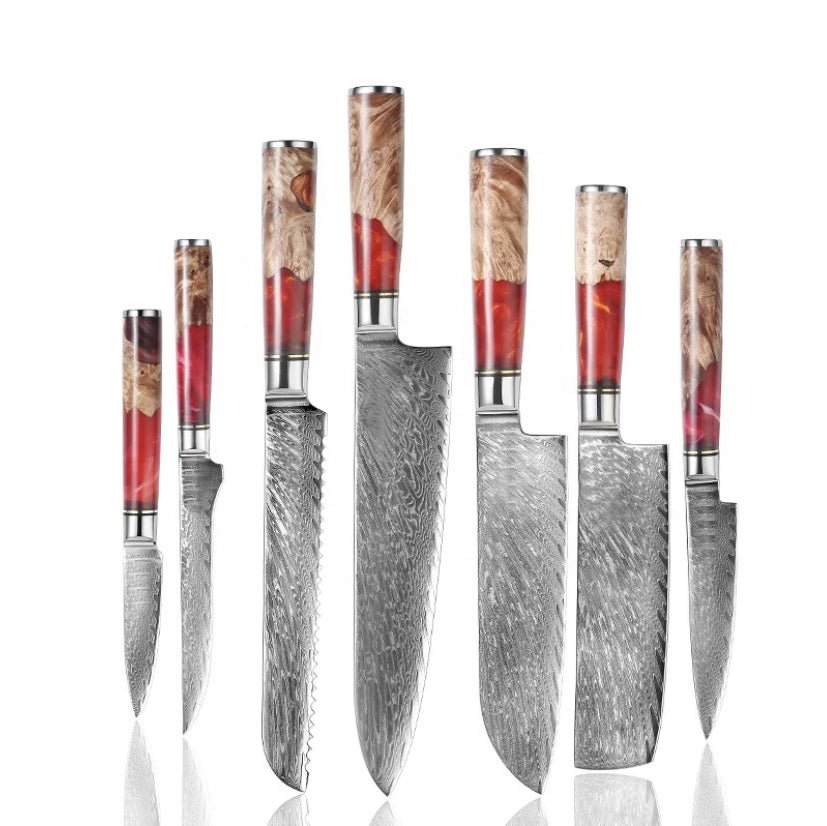 7 pieces Custom made hand forged Damascus steel full tang blade kitchen knife  set, Over 75 inches Length of Damascus sharp knives (15+14+13.5+12+11+10+9)  Inches, Cow hide Leather sheath - Damacus Depot, Inc.