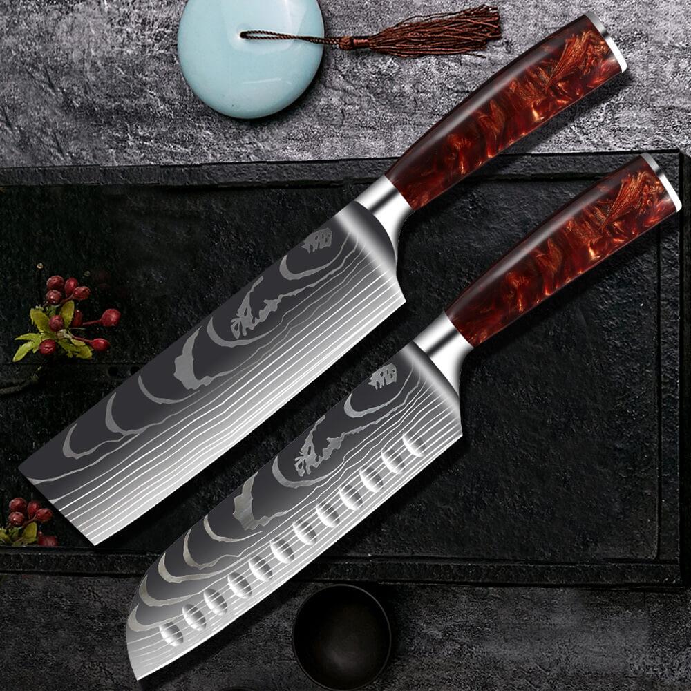 Premium Knife Set High Carbon Steel Kitchen Knives With Red Resin Handle