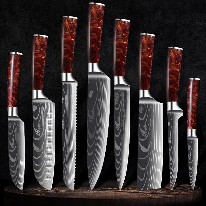 9 Pcs Chef Knife Set Damascus Steel Red Resin Handle Cleaver